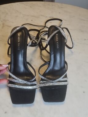 Black Strappy Rhinestone Lace-Up Sandals